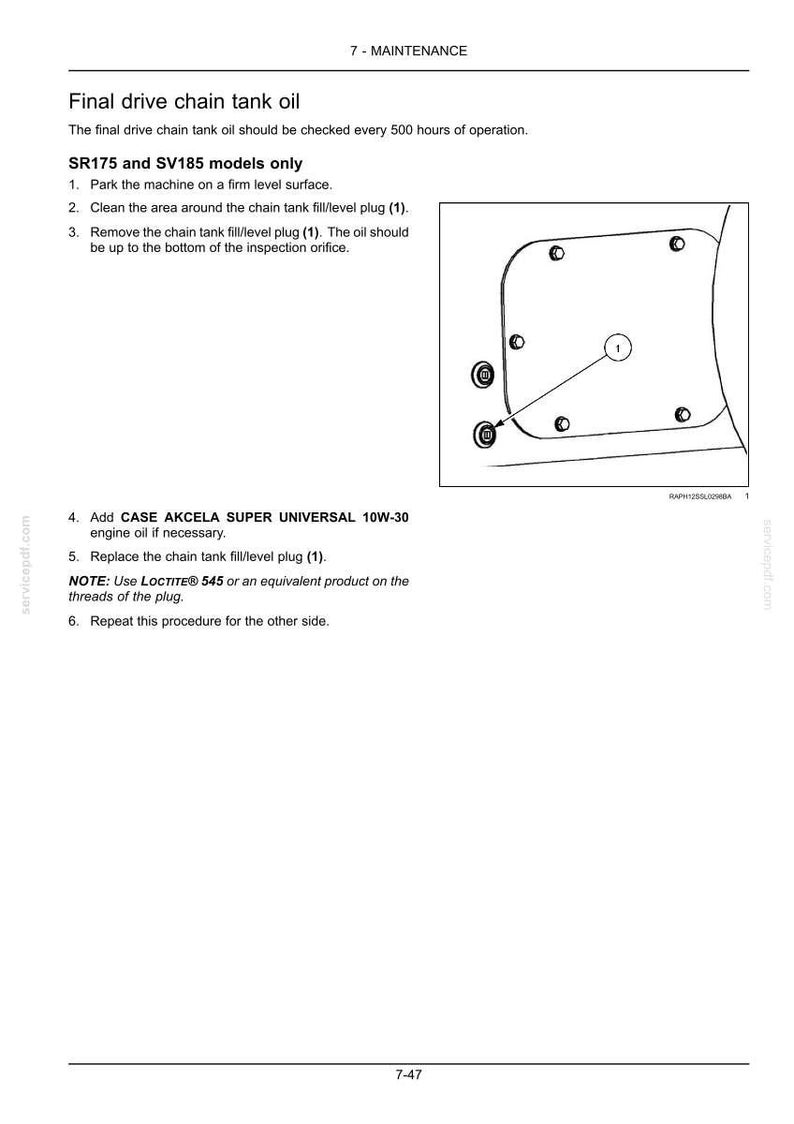 May include: A page from a maintenance manual detailing the final drive chain tank oil check for SR175 and SV185 models. The diagram shows the location of the fill/level plug and inspection orifice.