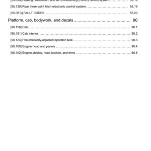 May include: A white document with black text detailing various vehicle components, including remote control valve, cab heating, and engine shields. The document is labeled with section numbers and titles, such as "Platform, cab, bodywork, and decals."
