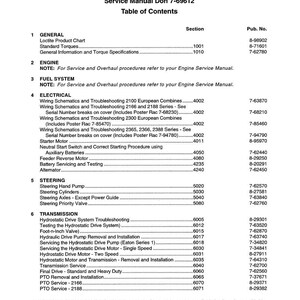 May include: A service manual for 2100 and 2300 Series Combines, featuring a table of contents. The manual covers general information, engine, fuel system, electrical, steering, and transmission. Published in August 1995.