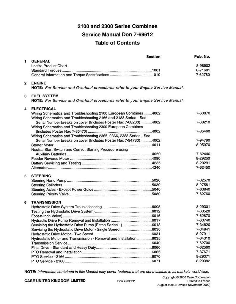 May include: A service manual for 2100 and 2300 Series Combines, featuring a table of contents. The manual covers general information, engine, fuel system, electrical, steering, and transmission. Published in August 1995.