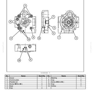 Puede incluir: Diagrama t&eacute;cnico de una bomba hidr&aacute;ulica de desplazamiento variable, que muestra varios componentes. Incluye etiquetas para la cubierta, la placa de control, el pasador paralelo, los tornillos, el sello, la tapa, el cojinete y el orificio. El texto en la parte superior dice "Sistemas hidr&aacute;ulicos - Bomba de desplazamiento variable."