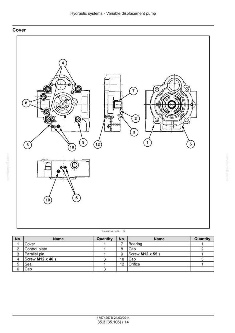 Puede incluir: Diagrama t&eacute;cnico de una bomba hidr&aacute;ulica de desplazamiento variable, que muestra varios componentes. Incluye etiquetas para la cubierta, la placa de control, el pasador paralelo, los tornillos, el sello, la tapa, el cojinete y el orificio. El texto en la parte superior dice "Sistemas hidr&aacute;ulicos - Bomba de desplazamiento variable."