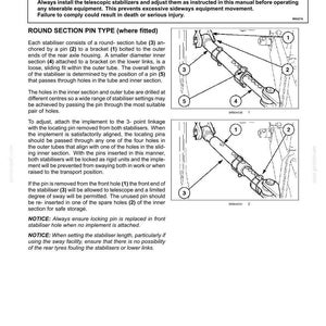 以下が含まれることがあります： 「Linkage Stabiliser Adjustment」と題された技術マニュアルのページ。丸断面ピンタイプのスタビライザーの白黒線画が掲載されています。図には、ブラケット、ピン、伸縮チューブなどの番号付きコンポーネントが示されています。