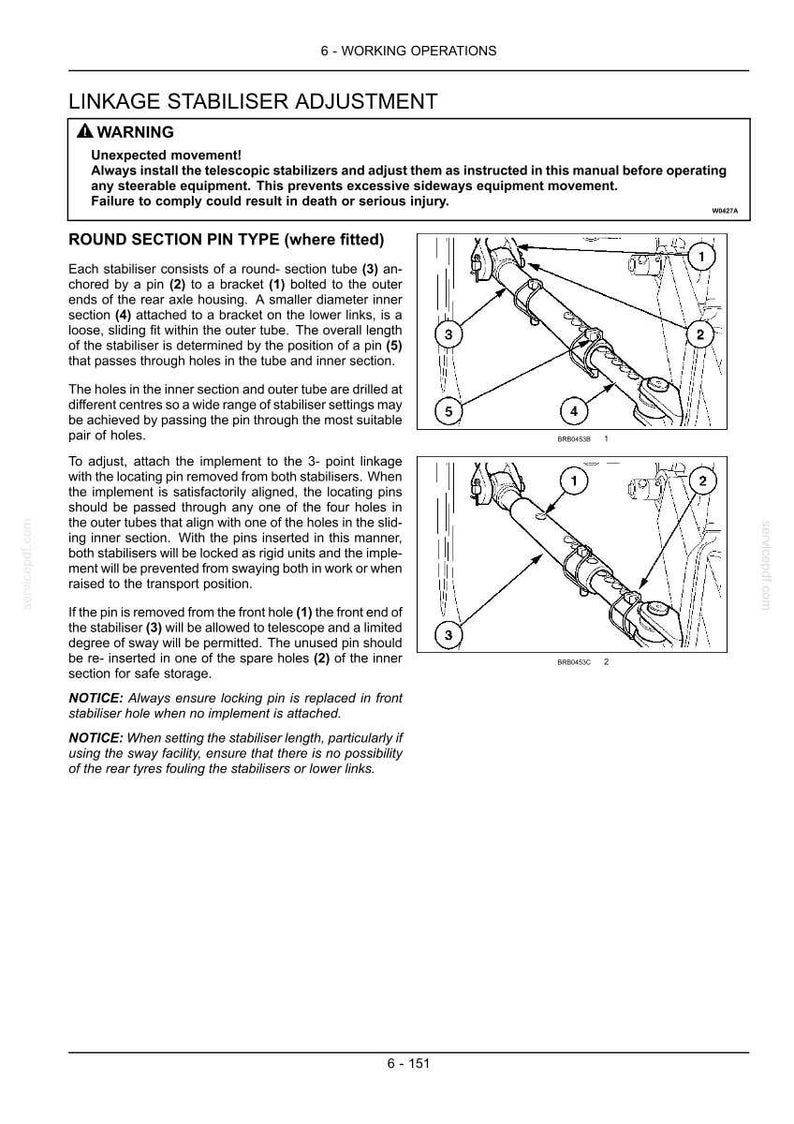 以下が含まれることがあります： 「Linkage Stabiliser Adjustment」と題された技術マニュアルのページ。丸断面ピンタイプのスタビライザーの白黒線画が掲載されています。図には、ブラケット、ピン、伸縮チューブなどの番号付きコンポーネントが示されています。