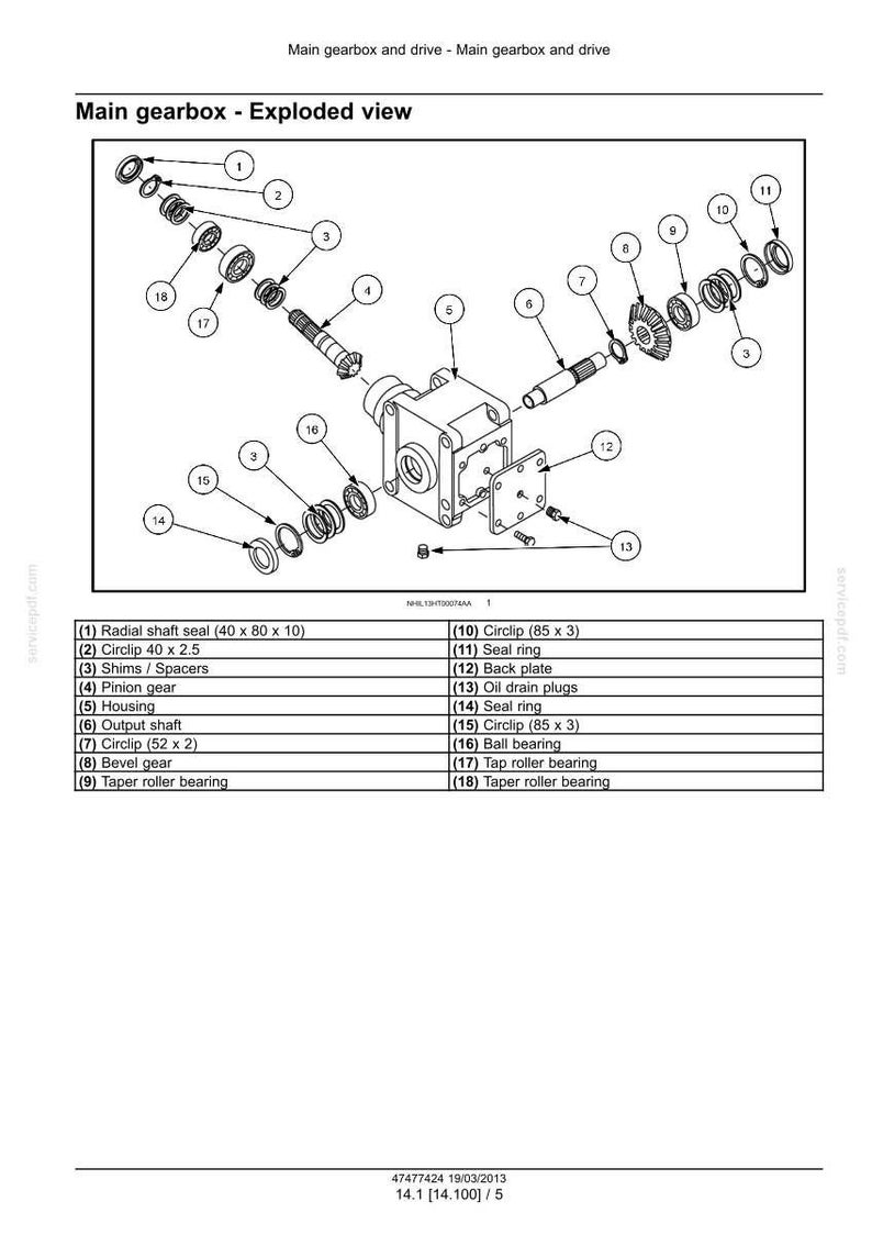 May include: An exploded view diagram of a main gearbox, showcasing various mechanical components. Includes radial shaft seals, circlips, shims, pinion gear, housing, output shaft, bevel gear, taper roller bearings, and more. The diagram is labeled with part numbers.