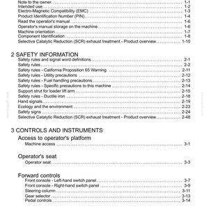 May include: A white document page with the title "Contents" at the top. The document is a table of contents for a manual, with numbered sections and sub-sections detailing general information, safety information, and controls.