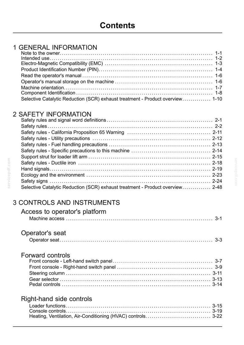 May include: A white document page with the title "Contents" at the top. The document is a table of contents for a manual, with numbered sections and sub-sections detailing general information, safety information, and controls.