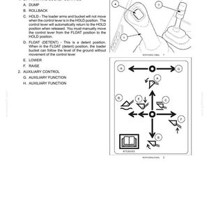 May include: Diagram of a three-function valve with two control levers. The diagram includes illustrations of lift arm and bucket control functions such as DUMP, ROLLBACK, and HOLD. Auxiliary control functions are also shown.