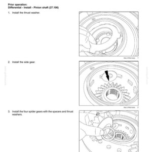 May include: Diagram of a rear axle system assembly, detailing the installation of components like the thrust washer, side gear, and spider gears. The image includes text instructions and numbered steps for the differential assembly process.