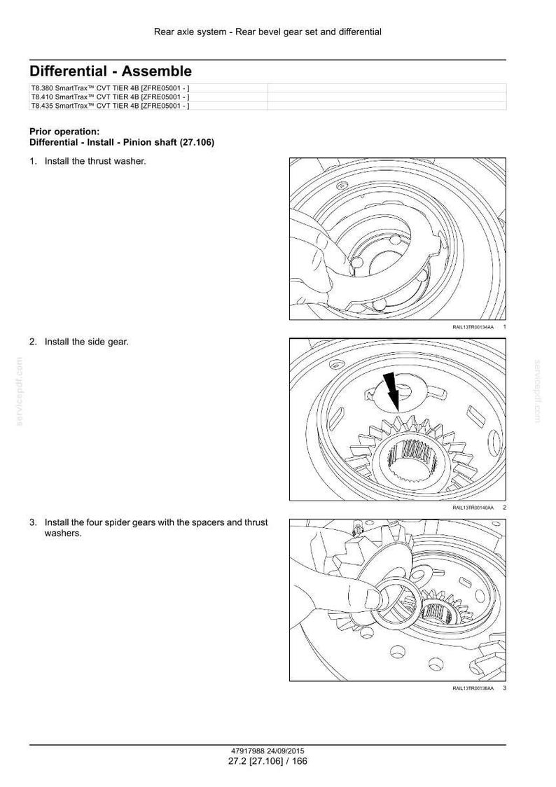 May include: Diagram of a rear axle system assembly, detailing the installation of components like the thrust washer, side gear, and spider gears. The image includes text instructions and numbered steps for the differential assembly process.