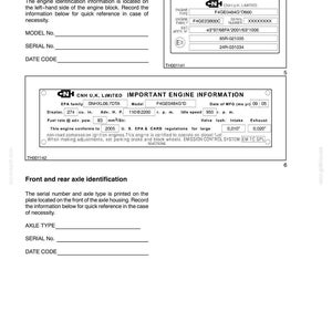 May include: A page from a manual detailing engine and axle identification information. Includes sections for model and serial numbers, and engine specifications. The text is in black on a white background.