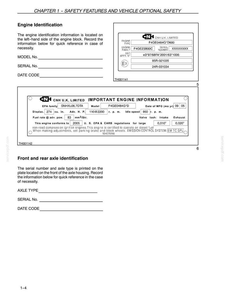 May include: A page from a manual detailing engine and axle identification information. Includes sections for model and serial numbers, and engine specifications. The text is in black on a white background.