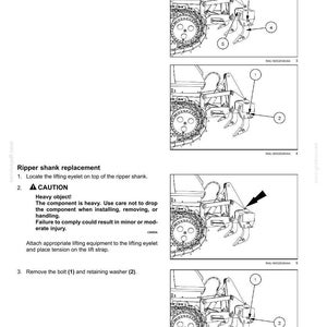 May include: Diagram of a machine's ripper shank replacement process. The image includes numbered components, such as pins, washers, and bolts, with arrows indicating their positions. Text provides instructions and a caution about heavy components.
