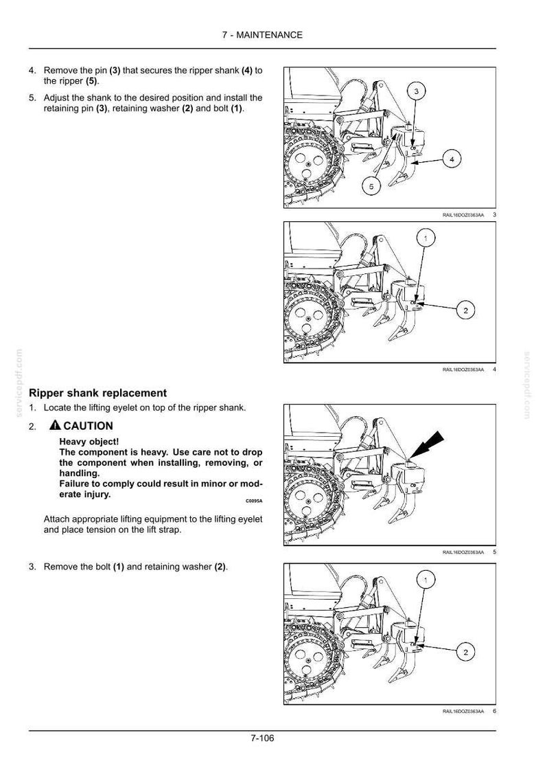 May include: Diagram of a machine's ripper shank replacement process. The image includes numbered components, such as pins, washers, and bolts, with arrows indicating their positions. Text provides instructions and a caution about heavy components.
