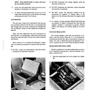 May include: A page from a Ford 7500 technical manual containing text instructions for alternator and voltage regulator maintenance, along with two black and white diagrams labeled Figure 63 showing a battery with a locking hasp and Figure 64.