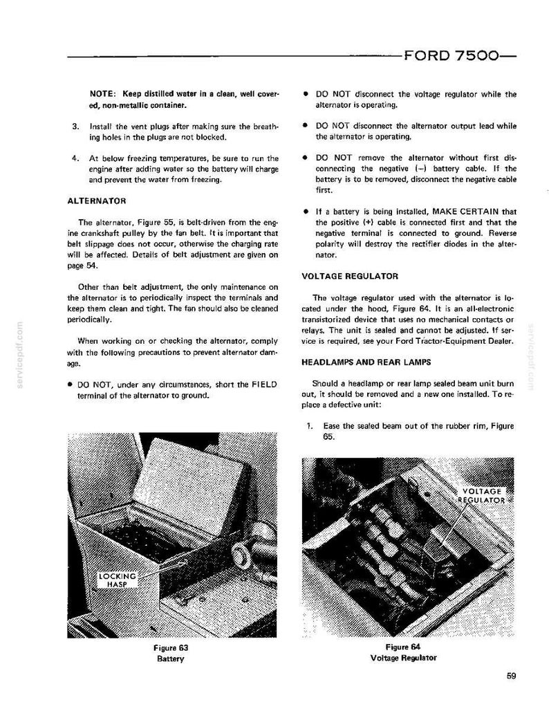 May include: A page from a Ford 7500 technical manual containing text instructions for alternator and voltage regulator maintenance, along with two black and white diagrams labeled Figure 63 showing a battery with a locking hasp and Figure 64.