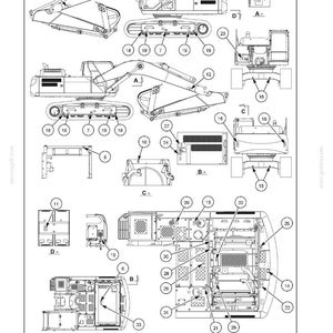 May include: Detailed diagram of an excavator, labeled with numbers and letters. The diagram shows various components of the heavy machinery, including the boom, cab, tracks, and engine compartment. The text at the top reads "2 - SAFETY INFORMATION."