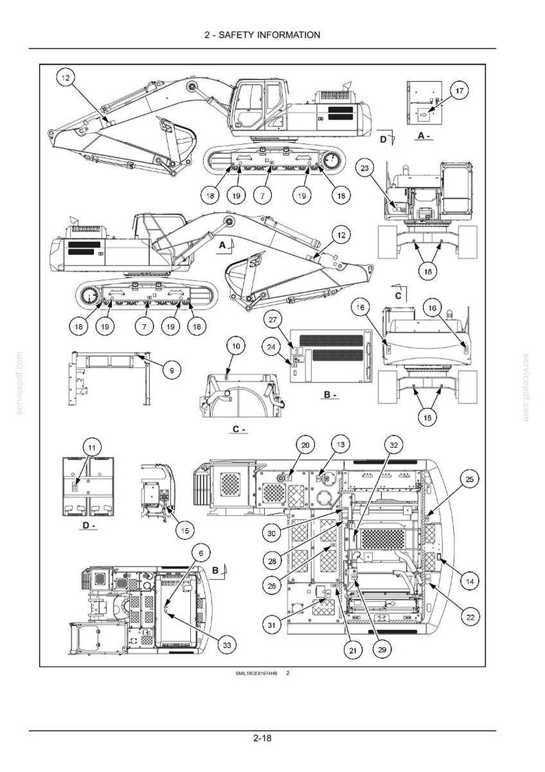 May include: Detailed diagram of an excavator, labeled with numbers and letters. The diagram shows various components of the heavy machinery, including the boom, cab, tracks, and engine compartment. The text at the top reads "2 - SAFETY INFORMATION."