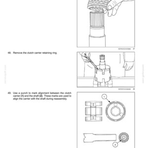 Op de afbeelding: Diagram van interne componenten van de Powershift-transmissie. Stapsgewijze instructies omvatten het verwijderen van veren, borgringen en het markeren van de uitlijning. Bevat diagrammen en tekst.