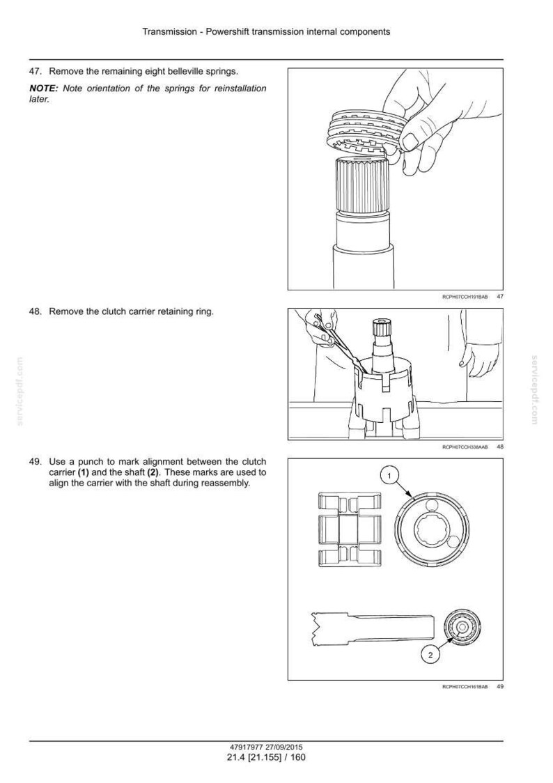 Op de afbeelding: Diagram van interne componenten van de Powershift-transmissie. Stapsgewijze instructies omvatten het verwijderen van veren, borgringen en het markeren van de uitlijning. Bevat diagrammen en tekst.