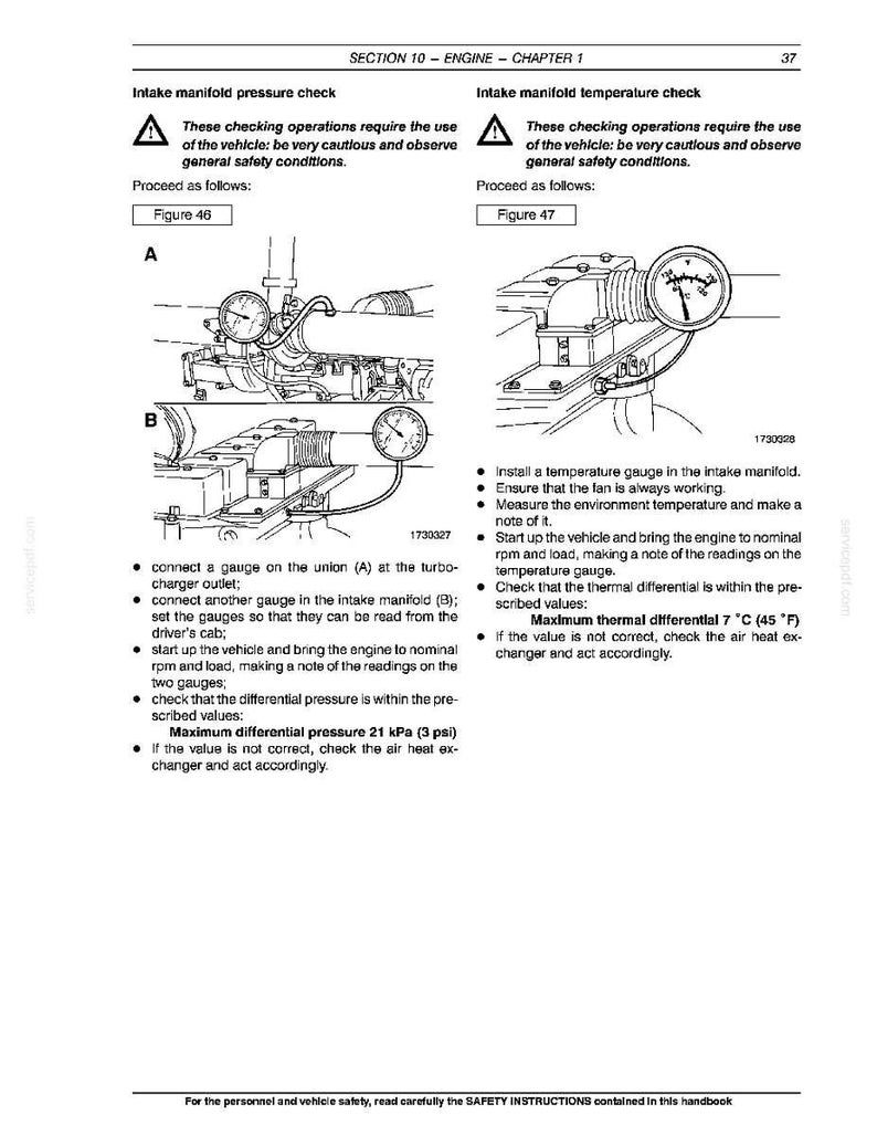 May include: Diagram from a vehicle repair manual showing intake manifold pressure and temperature checks. Includes gauges, diagrams, and text instructions. Maximum differential pressure is 21 kPa (3 psi).