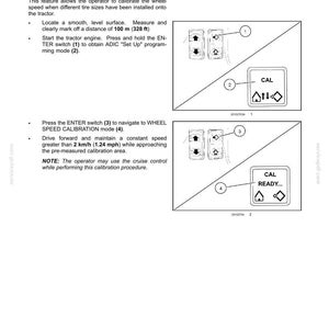 May include: A technical manual page titled ADIC programming for wheel speed calibration. It features black and white diagrams of control switches and display screens showing CAL and CAL READY text, with instructions for a 100 m or 328 ft distance.