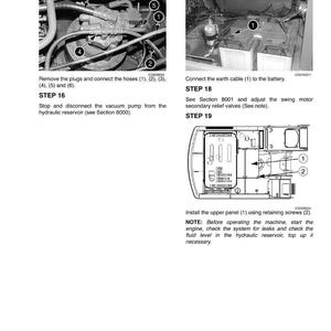 May include: A black and white technical diagram with instructions for machinery maintenance. The image includes close-up views of components, diagrams, and numbered steps with accompanying text. Instructions include connecting hoses, cables, and installing panels.
