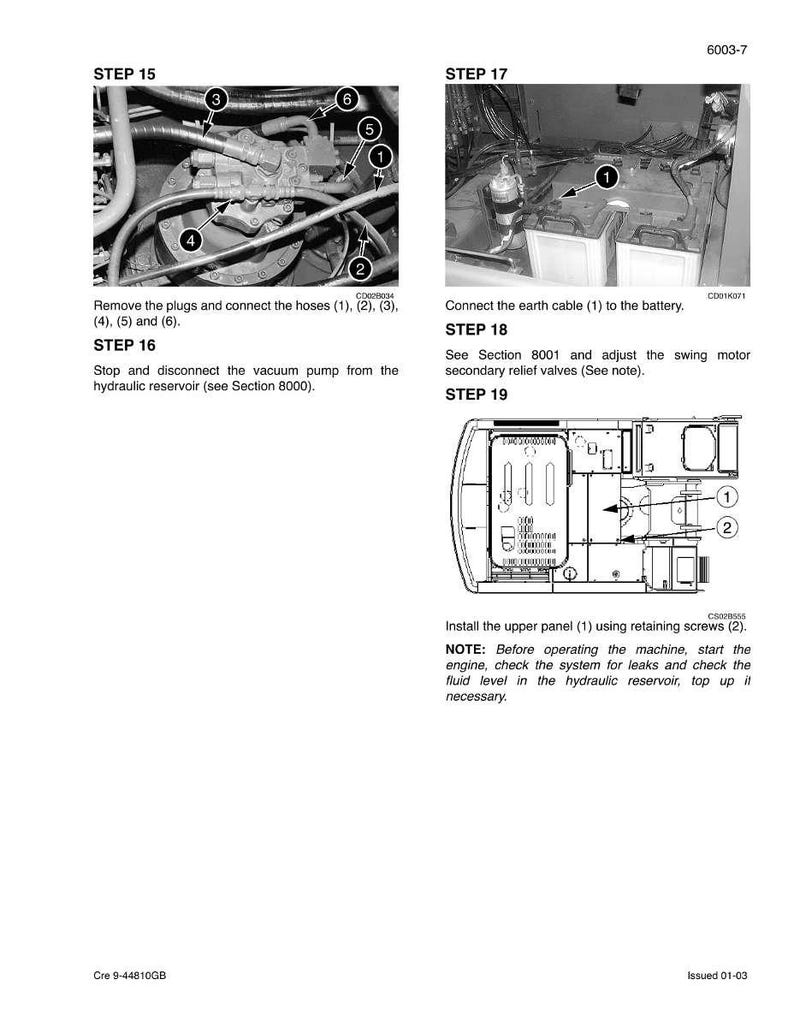 May include: A black and white technical diagram with instructions for machinery maintenance. The image includes close-up views of components, diagrams, and numbered steps with accompanying text. Instructions include connecting hoses, cables, and installing panels.