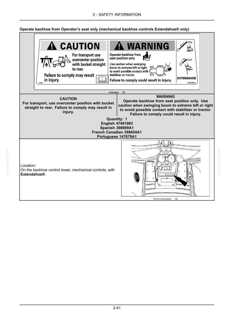 May include: Safety information sheet for a backhoe. The sheet includes caution and warning notices about operating the backhoe, including transport and seat position. The sheet also includes a diagram of the backhoe control tower.