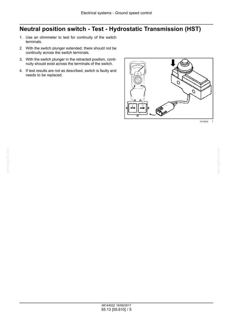 May include: Diagram of a neutral position switch test for hydrostatic transmission. The image includes a multimeter connected to the switch terminals, along with instructions for testing continuity. Text at the top reads "Electrical systems - Ground speed control".