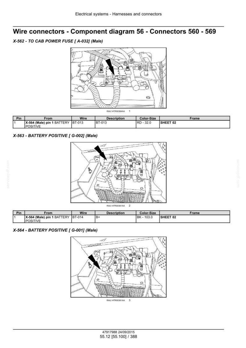 May include: Diagram of electrical wire connectors, component diagram 56, connectors 560-569. Includes diagrams for X-562, X-563, and X-564 connectors, with wire descriptions, color-size, and sheet information. Text includes "Electrical systems - Harnesses and connectors."