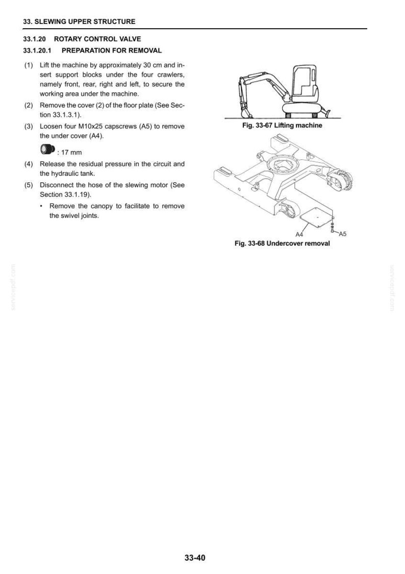 May include: Diagram of a lifting machine and undercover removal. The lifting machine is shown with its arm extended. The undercover removal diagram shows the parts labeled A4 and A5. Text includes instructions for removing parts.