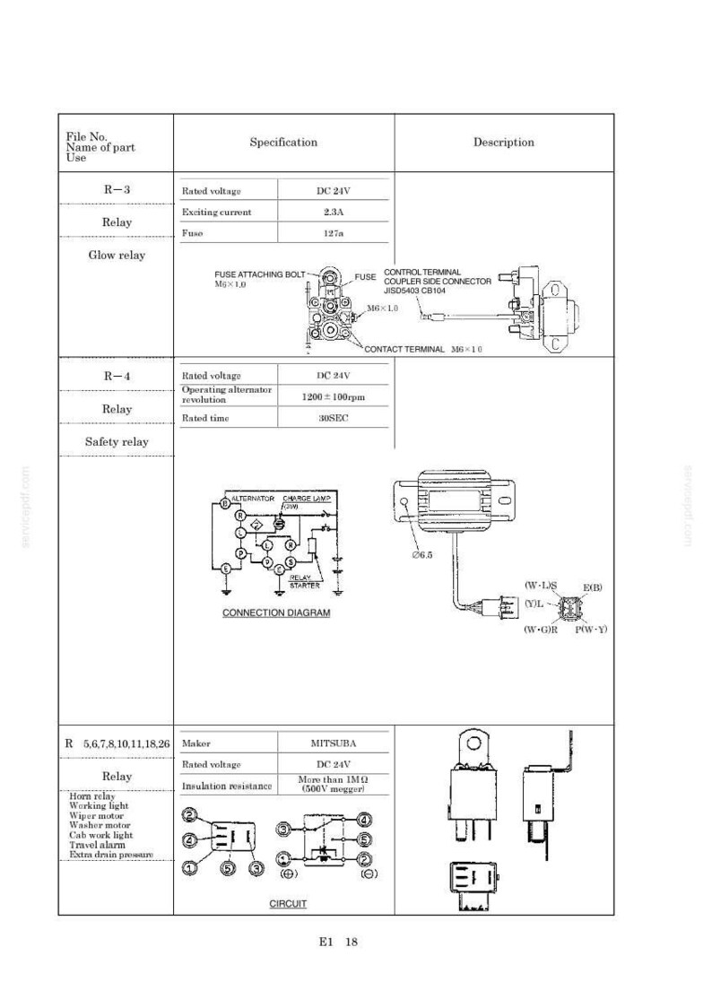 May include: A technical document page displaying specifications and connection diagrams for R-3, R-4, and R-5 through R-26 relays. The content includes electrical ratings, circuit schematics, and component illustrations for Mitsuba automotive parts.