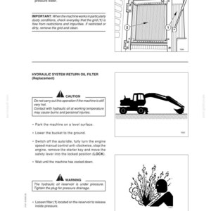 May include: Diagram of a machine maintenance manual page. The page includes illustrations of a condenser, an excavator, and a person with an explosion graphic. Text includes maintenance instructions and safety warnings about hydraulic oil.