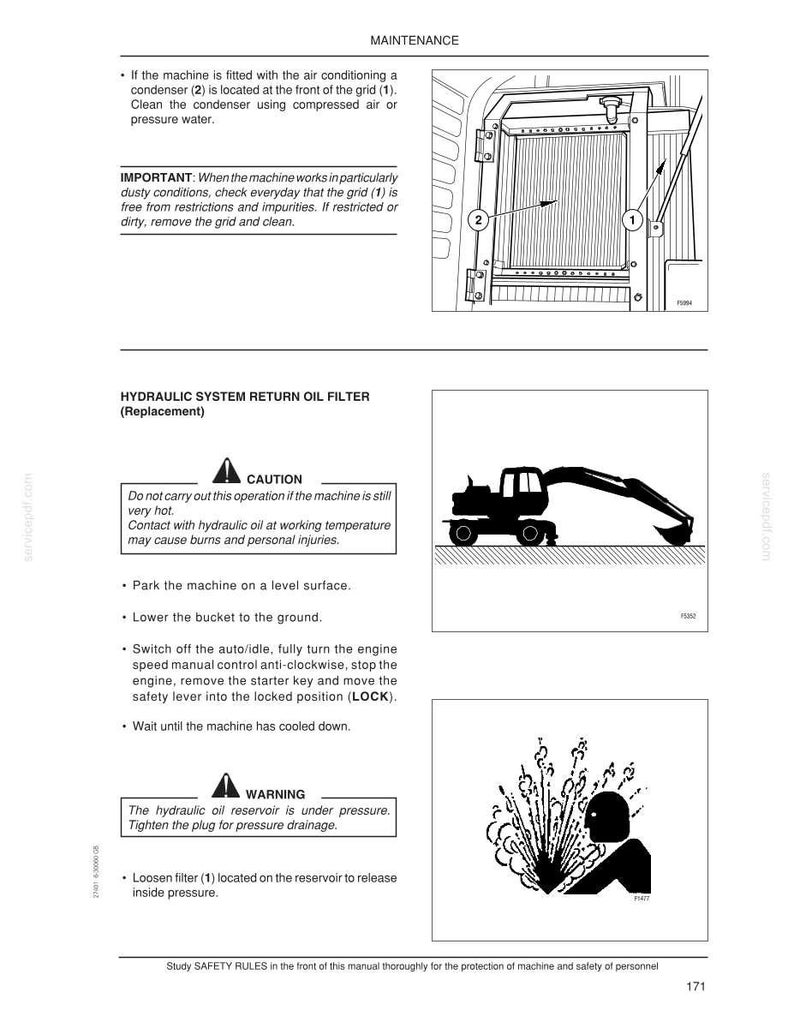 May include: Diagram of a machine maintenance manual page. The page includes illustrations of a condenser, an excavator, and a person with an explosion graphic. Text includes maintenance instructions and safety warnings about hydraulic oil.
