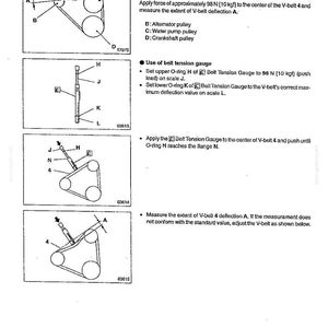 May include: A technical service manual page labelled 14, detailing the V-belt inspection procedure. It includes diagrams showing pulleys B, C, and D, a belt tension gauge with O-rings H, J, K, L, and N, and instructions for applying 98 N (10 kgf) of force.