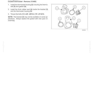 May include: Diagram of engine cooling system components, including a thermostat housing, rubber seal, bracket, bolts, and gasket. Instructions for installation are provided, with torque specifications in foot-pounds.