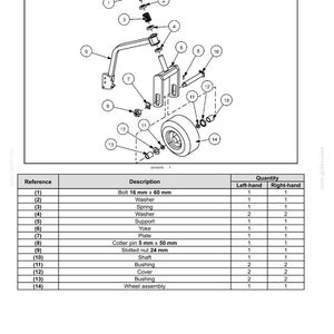 May include: An exploded view diagram of castor gage wheels, detailing components like bolts (16 mm x 60 mm), washers, springs, and a wheel assembly. The diagram includes a parts list with quantities for left and right-hand sides.