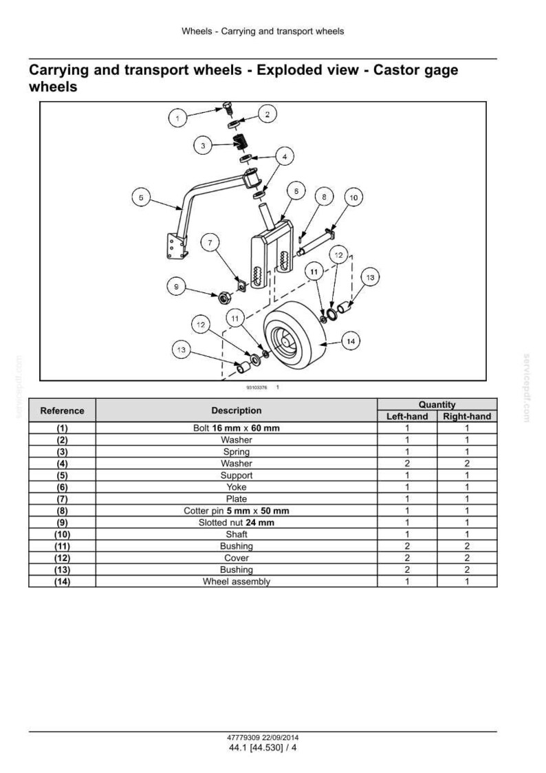 May include: An exploded view diagram of castor gage wheels, detailing components like bolts (16 mm x 60 mm), washers, springs, and a wheel assembly. The diagram includes a parts list with quantities for left and right-hand sides.