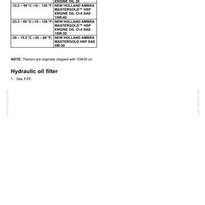 May include: A maintenance document page titled 7-MAINTENANCE featuring a table of recommended oils for New Holland tractors. The table lists ambient temperatures in Celsius and Fahrenheit alongside specific oil types. It includes a note about 10W30 oil.