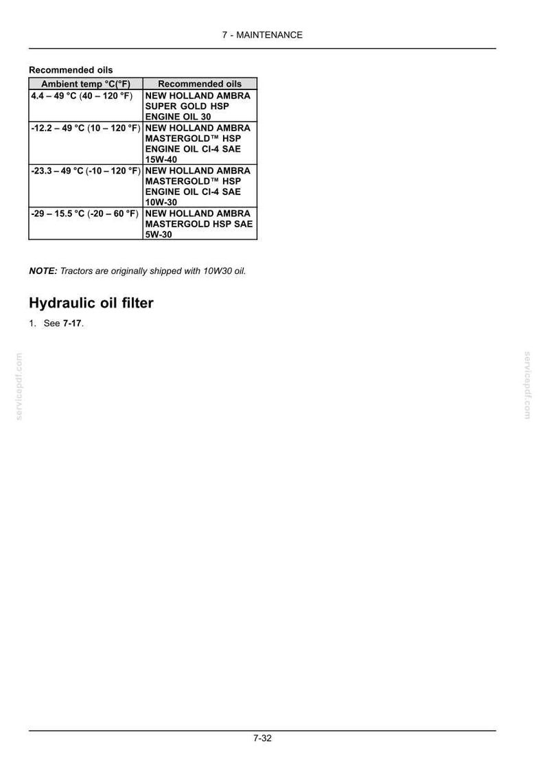 May include: A maintenance document page titled 7-MAINTENANCE featuring a table of recommended oils for New Holland tractors. The table lists ambient temperatures in Celsius and Fahrenheit alongside specific oil types. It includes a note about 10W30 oil.