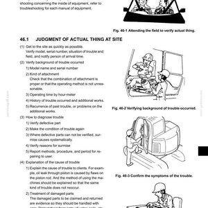 May include: A technical manual page titled 46. TROUBLE SHOOTING (BY ERROR CODES) containing text instructions and four black and white line art illustrations showing individuals interacting with heavy machinery and equipment for diagnostic purposes.