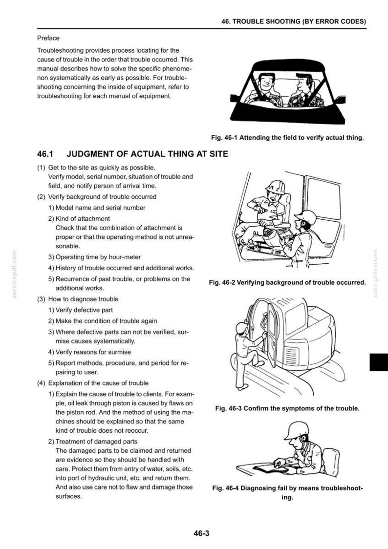 May include: A technical manual page titled 46. TROUBLE SHOOTING (BY ERROR CODES) containing text instructions and four black and white line art illustrations showing individuals interacting with heavy machinery and equipment for diagnostic purposes.