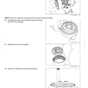 May include: Diagram of a front axle system with instructions for disassembly. The image shows steps for removing the ring gear assembly, separating the hub and ring gear, and pressing out T-dowels. Text includes notes and section references.