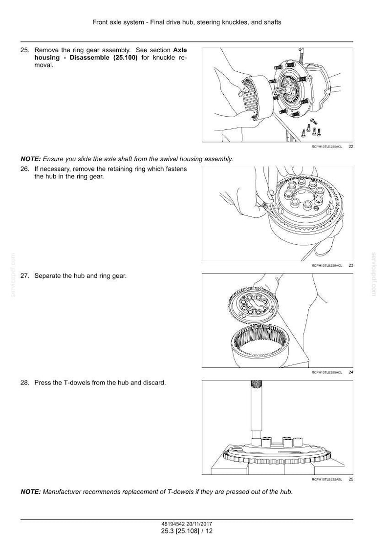 May include: Diagram of a front axle system with instructions for disassembly. The image shows steps for removing the ring gear assembly, separating the hub and ring gear, and pressing out T-dowels. Text includes notes and section references.