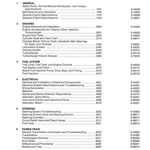 May include: A table of contents from a 780C Loader Backhoe manual. The document lists various sections including Engines, Fuel System, Electrical, Steering, and Power Train. The document is printed in the USA.