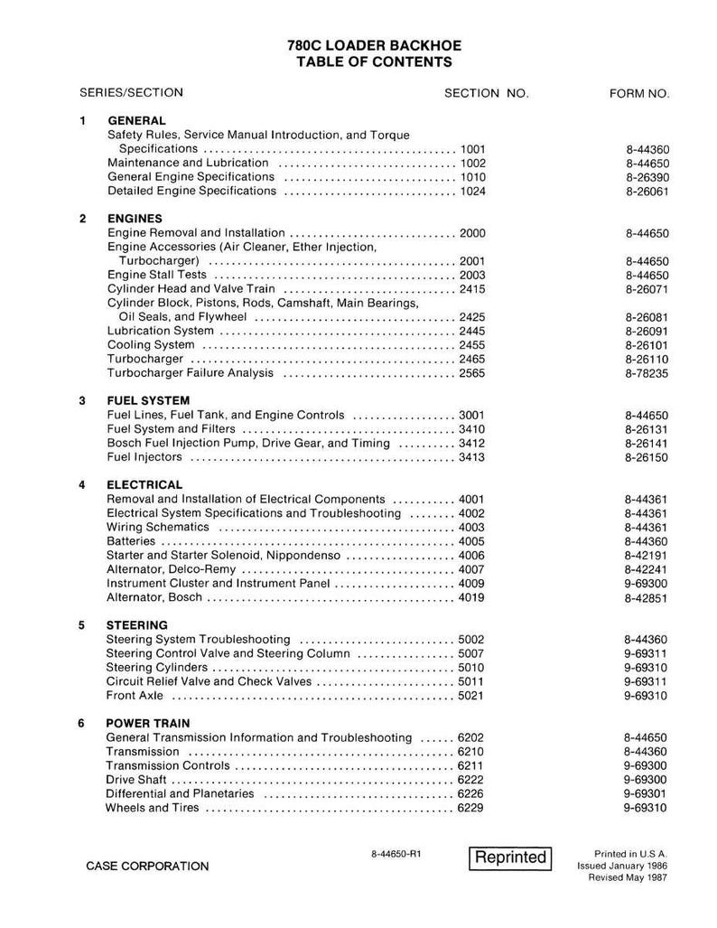 May include: A table of contents from a 780C Loader Backhoe manual. The document lists various sections including Engines, Fuel System, Electrical, Steering, and Power Train. The document is printed in the USA.