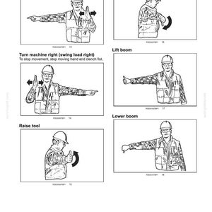 K&ouml;nnte beinhalten: Eine schwarz-wei&szlig;e Sicherheitsinformationstafel mit f&uuml;nf Illustrationen eines Bauarbeiters mit Schutzhelm und Weste, der Handzeichen f&uuml;r die Bedienung von Maschinen zeigt, einschlie&szlig;lich Drehen, Heben und Senken des Auslegers und Werkzeugs.