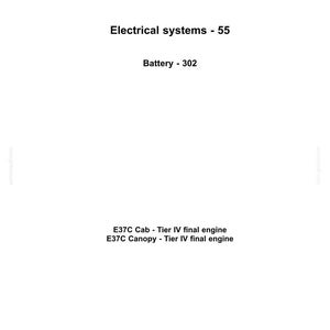 May include: White document featuring the New Holland Construction logo. Text details include "Electrical systems - 55", "Battery - 302", and engine specifications. The document is for construction equipment.