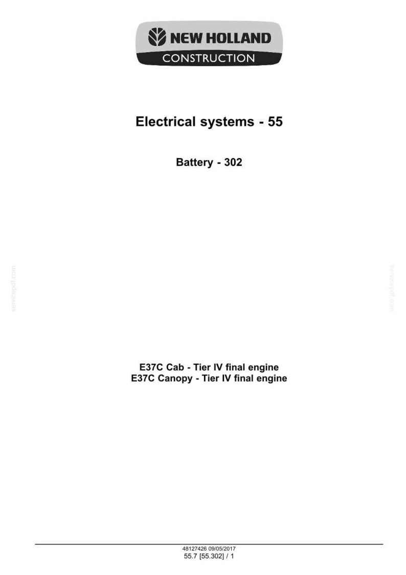 May include: White document featuring the New Holland Construction logo. Text details include "Electrical systems - 55", "Battery - 302", and engine specifications. The document is for construction equipment.